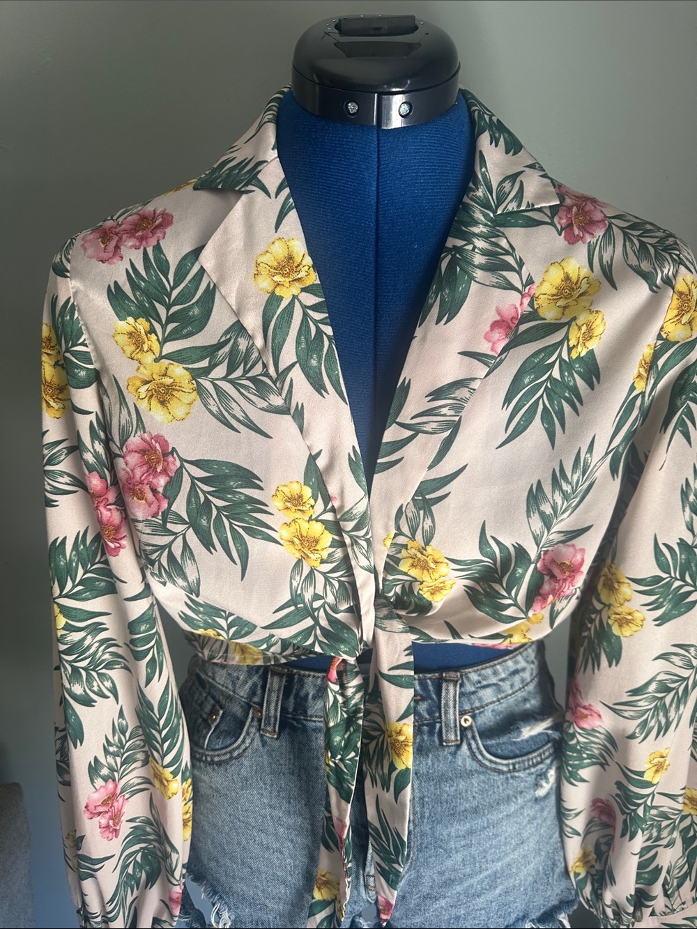 Fashion Union Floral Satin Tie-Front Crop Top in Cream, Green, Yellow & Pink
